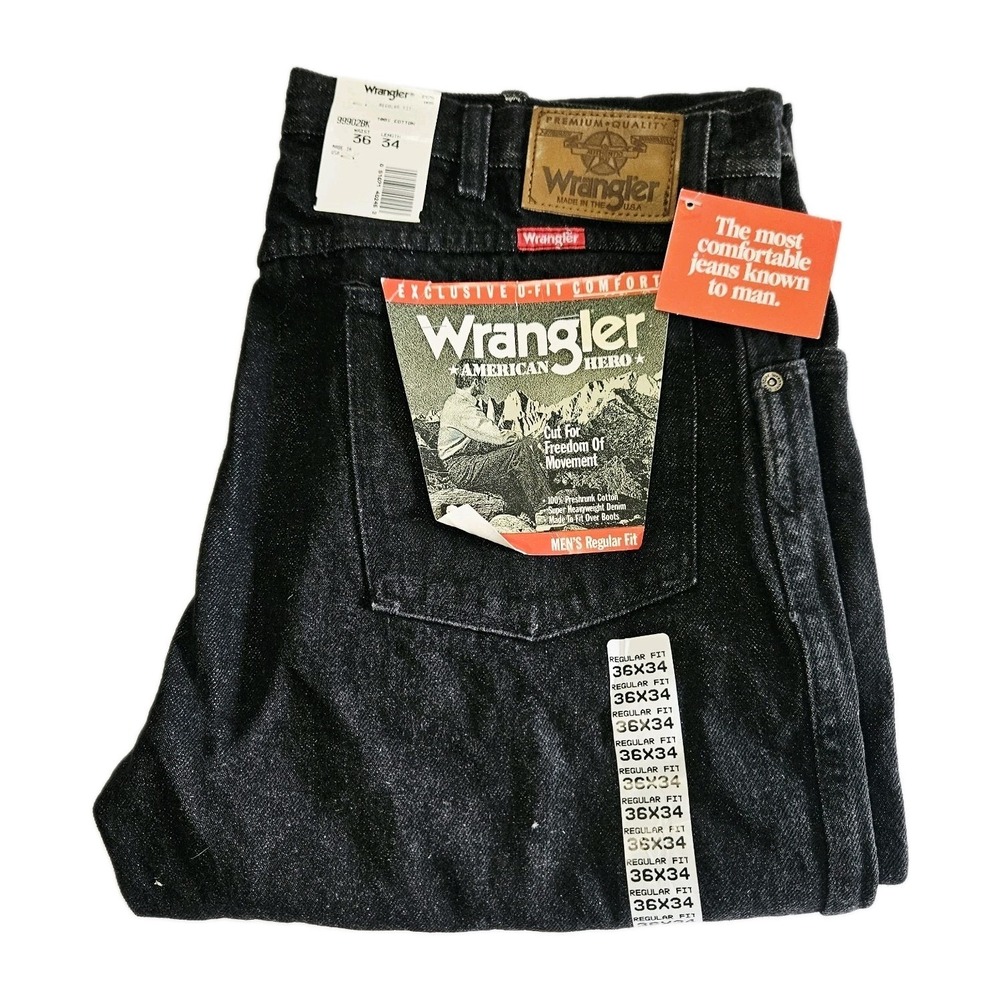 Vintage Wrangler American Hero Regular Fit 36x34 Black Denim Jeans NWT